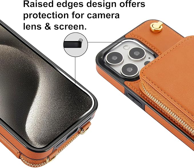 Bocasal for MagSafe Crossbody Wallet Case Compatible with iPhone 15 Pro Max, RFID Blocking Protective Purse Case with Card Slots Holder Kickstand Wrist Strap Lanyard Zipper 6.7 Inch 5G (Brown)