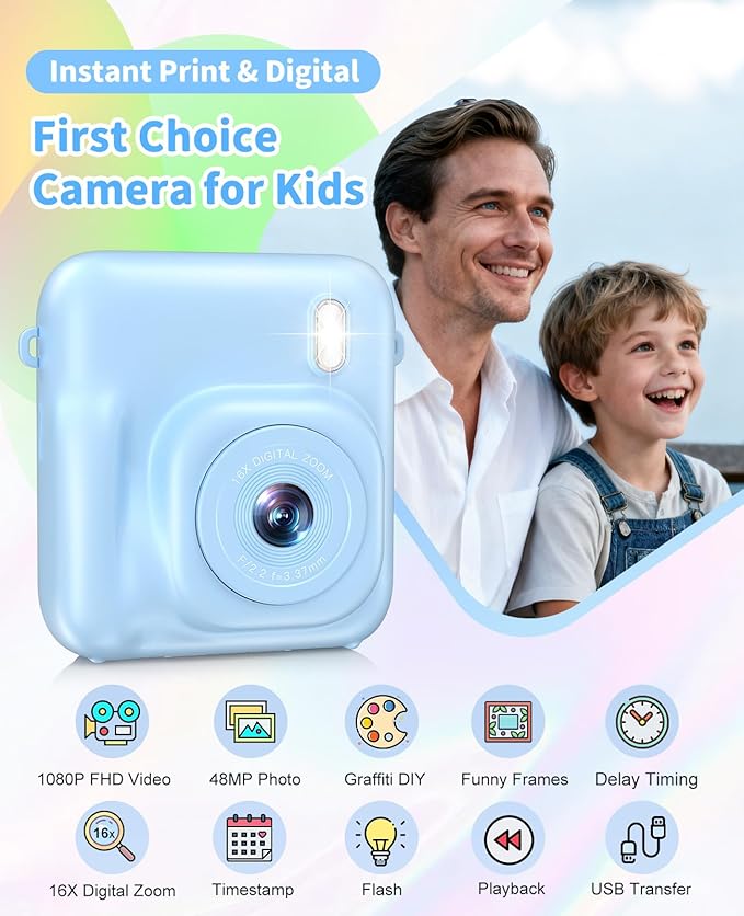 Digital Camera for Kids Instant Print, 48MP Dual-Lens Kids Camera for Girls Boys Christmas Birthday Gifts, 1080P Video Selfie Instant Cameras, Portable Toddler for 4-12 Years with 32GB Card-Blue