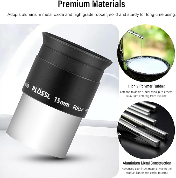 Astromania Telescope Plossl Eyepiece 15mm, 50 Degree Apparent Field of View Plossl Lens with Fully Multi Coated 4-Element, Metal Telescope Accessory for Standard 1.25 Inch Astronomy Filter Thread