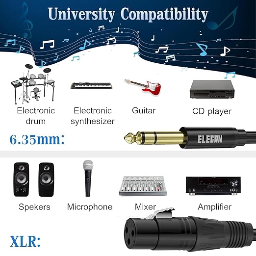 Elecan 6.35mm (1/4 Inch) TRS Male to XLR Female Cable 10 Ft, Balanced Professional Shielded Stereo Microphone Cable Cord, Gold Plated for Mixer AMP Speaker Amplifier with 6.35 to 3.5mm Adapter+Ties