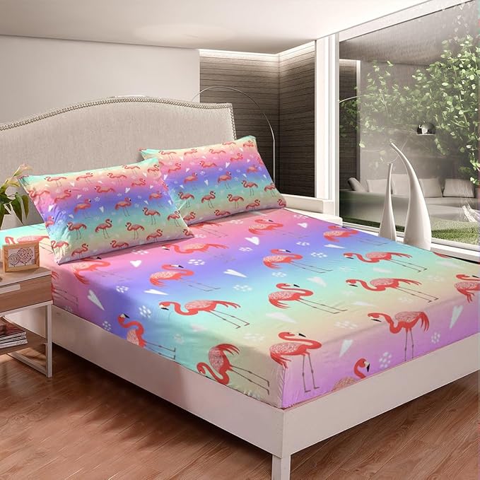 Erosebridal Pink Flamingo Bed Sheets Set - Twin Blue Purple Rainbow Gradient Sheet Set for Boys & Girls - Cute Animal Flamingo Fitted & Flat Sheets - 3 Pcs