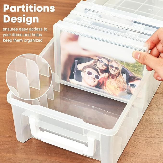 ALINK Photo Storage Box 5 x 7 In Photo Case, 10 Inner Large Photo Keeper, Clear Photo Storage Container, Seed Craft Cards Pictures Organizer, Plastic Office Organizer with 1 Label Sticker