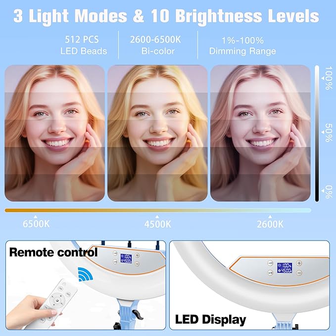 22" LED Ring Light, with 75" Tripod/LCD Display/3+1 Phone Clips/ 2 USB Ports/Wireless Remote, Adjustable 2600K-6500K Color Temperature, for YouTube Facebook Live TikTok Video Recording Vlog (Blue)