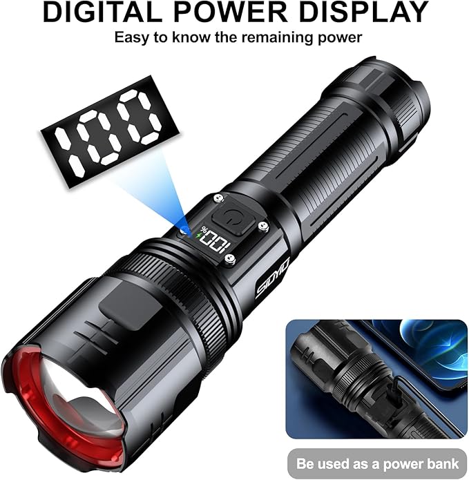 Flashlights High Lumens, USB Rechargeable Flashlight with LCD Digital Power Display, Zoomable LED Super Bright Flash Light, 4 Mode, IPX5 Waterproof for Camping, Emergencies and Outdoor