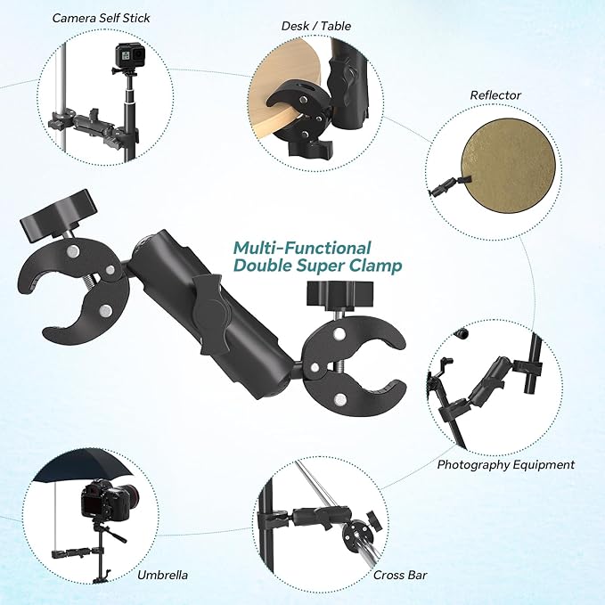 Super Double Clamp Mount Umbrella Camera Pole Clamp Holder,360° Magic Socket Arm Ball Head for Umbrella Chair Clip, Photo Studio Light Stand,Photo Boom Stand,Cross Bar,Stroller,Flag Holder Mount