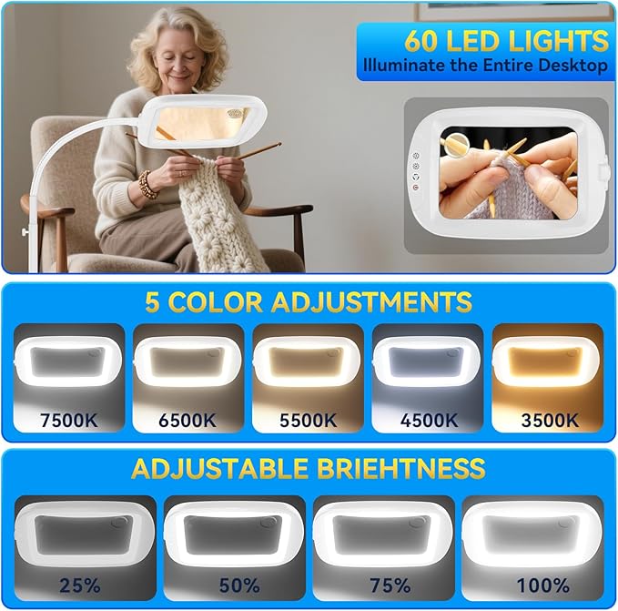 30X 10X Extra Large Floor Magnifying Glass with Light and Stand,60 LED Flexible Gooseneck Floor Magnifying Lamp with 5 Color Modes, 2-in-1 Lighted Magnifiers for Close Work, Sewing,Crafts, Painting