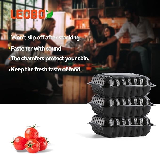 LEOBOX Food Containers Mineral Filled PP Plastic - 55 Pack 34oz 8 Inch | Shrink Wrap BPA Free Lunch Boxes | Freezer & Microwave Safe for Meal Prep | Black 3 Compartment Disposable Takeout Container