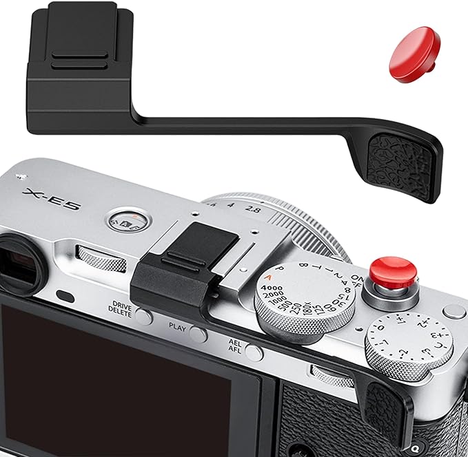 Thumb Up Grip with Shutter Button for Fuji Fujifilm X-E5 XE5 Mirrorless Camera, Aluminum Alloy X-E5 Thumb Grip with Hot Shoe Cover Protector Thumb Rest Support Holder, Not Affect The Use of Dial-Black