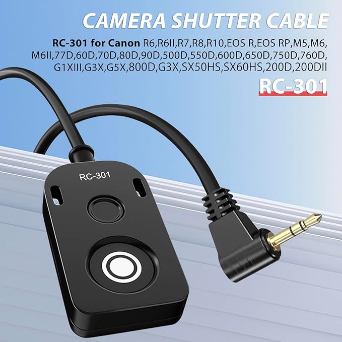 RC301-2.5mm 11.8in RS-60E3 Remote Switch Shutter Release Cord for Canon EOS Rebel T6 T7 T5 EOS R50V R6 Mark III II R6 R7 R8 R10 R100 RP T8i T7i T6s T6i T5i T4i SL3 SL2 90D 80D 70D 77D M5 M6