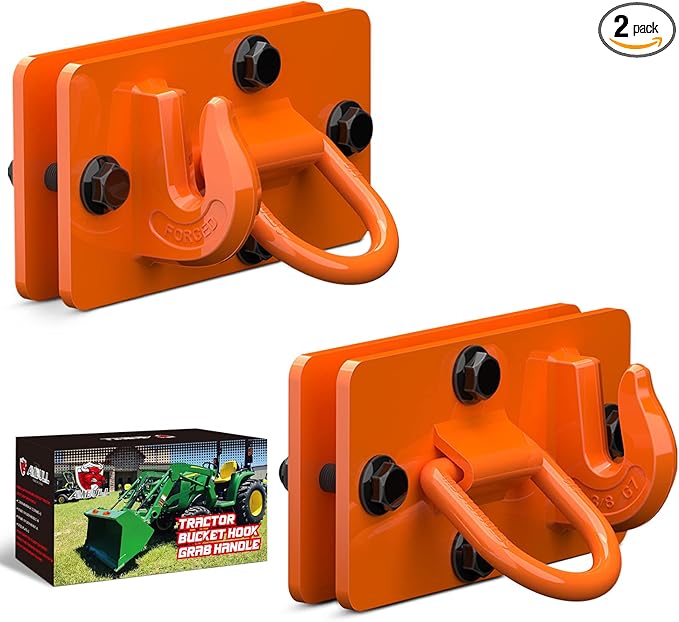 2 Pack Tractor Bucket Hooks with Tie Down Ring, Grade 70 Forged Steel Bolt On Grab Hook Tow Hook Mount with Backer Plate, Work Well for Tractor Bucket, RV, UTV, Truck, Max 15,000 lbs Orange