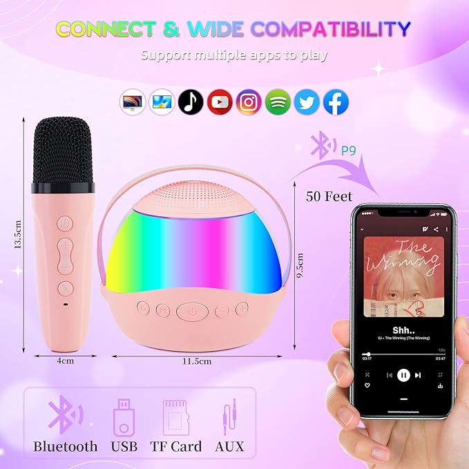 Karaoke Machine for Kids Adults,Portable Bluetooth Mini Karaoke Microphone Singing Speaker with 2 Wireless Mic and Light,Toys for All Smartphones,Birthday,Family,Home Party