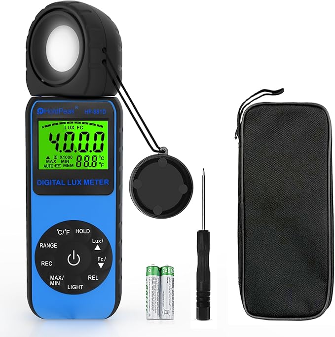 HOLDPEAK 881D Illuminance Light Meter, Digital Lux Foot Candles Meter 0.1~400,000 Lux (0.1~40,000 FC) with 270º Rotatable Detector, Lumen Meter Luxmeter for Plants LED Lights Indoor Outdoor