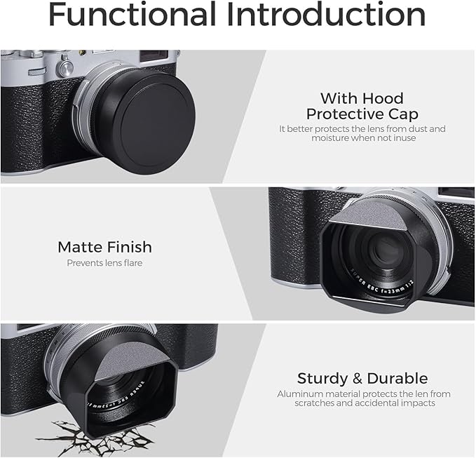 Metal Square Lens Hood (with Cover) with 49mm UV Filter Adapter Ring Compatible with for Fujifilm X100V/X100VI (Aluminum Alloy-Black)