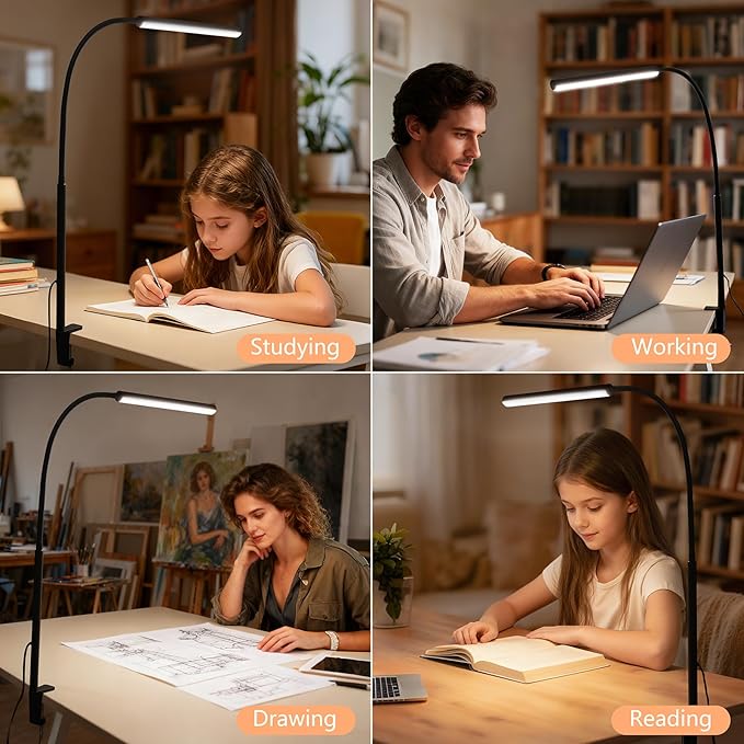 LED Desk Lamp for Office Home, Adjustable Flexible Eye-Caring Desk Light with,5 Modes 10 Brightness Adjustment, USB Adapter Desk Lamp with Clamp-LK-B