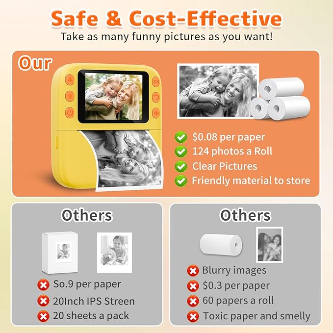 Instant Print Camera for Kids, Christmas Birthday Gifts for Girls Boys, 1080P Instant Digital Print Cameras for Toddler,Portable Toy for 4 5 6 7 8 9 10 Year Old Girl with 32GB SD Card，Yellow