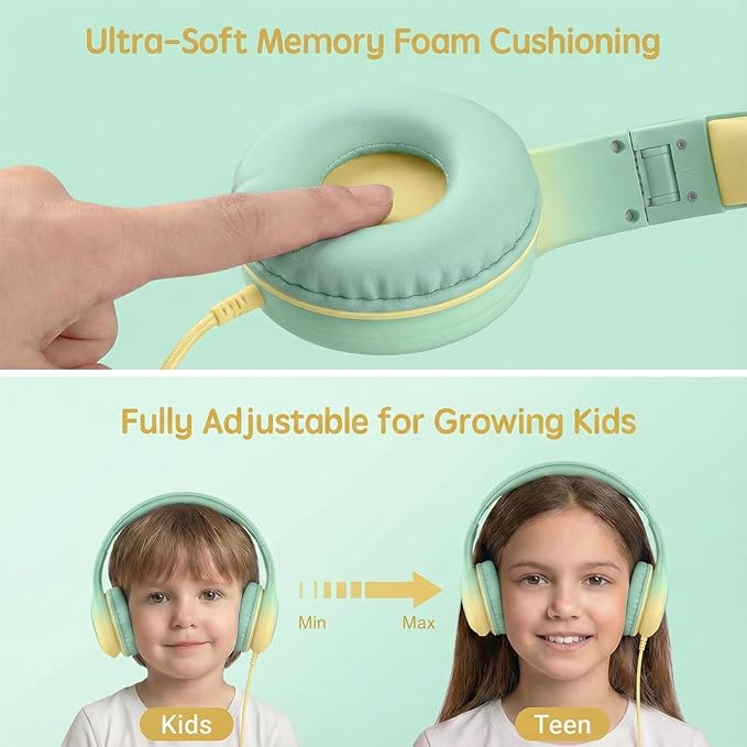 Wired Kids Headphones with USB C Plug, 85dB Safe Volume, Adjustable Headband, Tangle-Free Cord Headphones for School, Tablet, Travel (Mint Green & Cream Yellow, Without Microphone)
