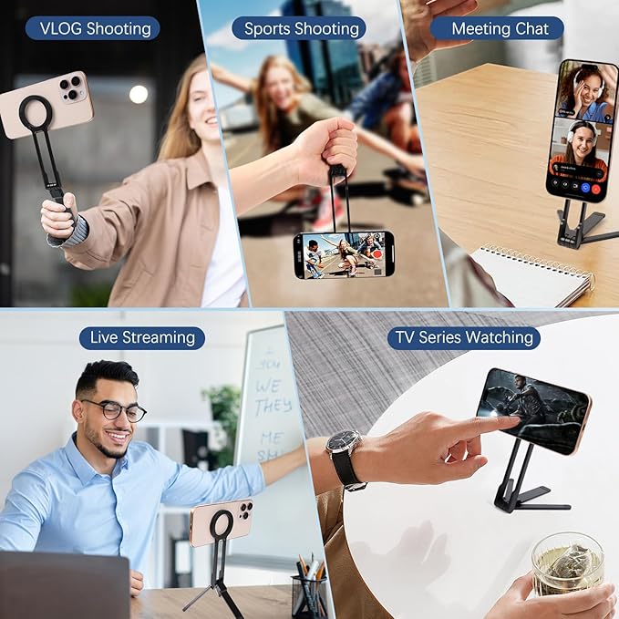 Magnetic Phone Tripod Stand, Foldable Magnetic Pocket Phone Tripod, Aluminum Alloy Mini Portable Cell Phone Stand Magnet Quick Mount,Suitable for Daily Shooting (Black)