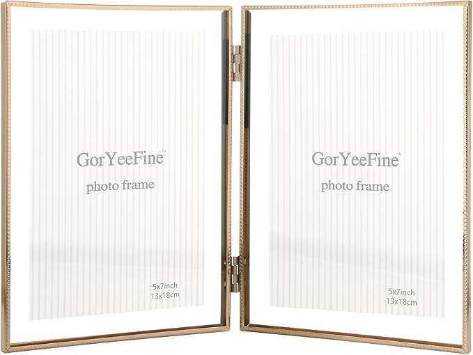 Gold 5x7''Double Floating Frame,For Photo Sizes(3.5x5'' & 4x6''),4X6''Metal Beaded Edge Frames Adjustable Tabletop/Shelf Photo Frame,for Wedding,Thanksgiving,Christmas