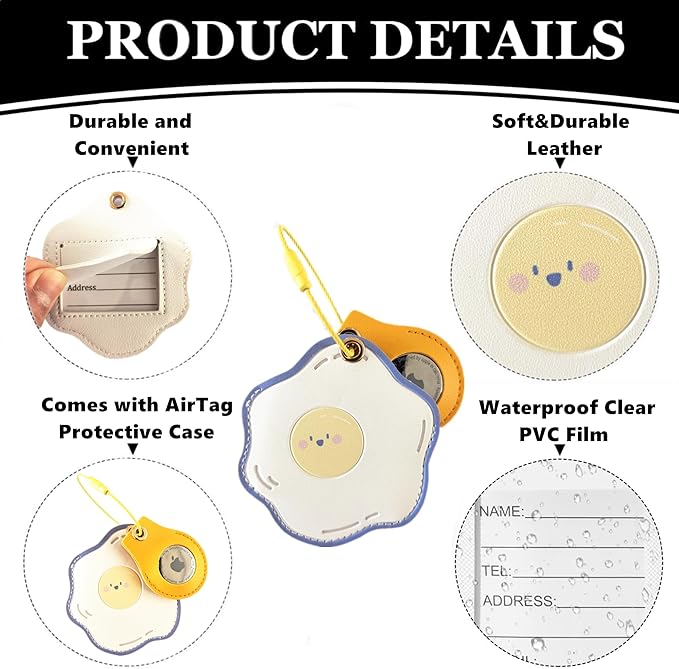 Cute Leather Luggage Tag Holder with Airtag Case Set,Hidden Compartment for AirTag Travel Suitcase Tracking Case with Stainless Steel Loop,Name ID Label(Egg)