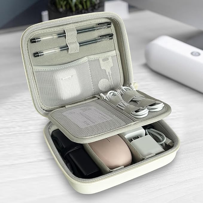 Hard Cord Electronic Organizer Travel Case, Cable Tech Pouch Bag, Cord Hard Case for Portable Charger, Power Bank, Mouse and Cords, Tech Organizer Travel,White