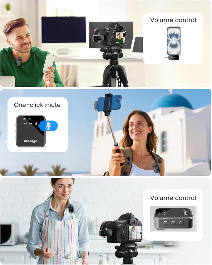 PQRQP 3-in-1 Mini Microphone for iPhone/Android/Camera, Hi-Fi Audio, Wireless Microphones, 328ft Range, 20H Battery, Lapel Mic with Noise Reduction for Live Streaming, TikTok, YouTube (Graphite Gray)