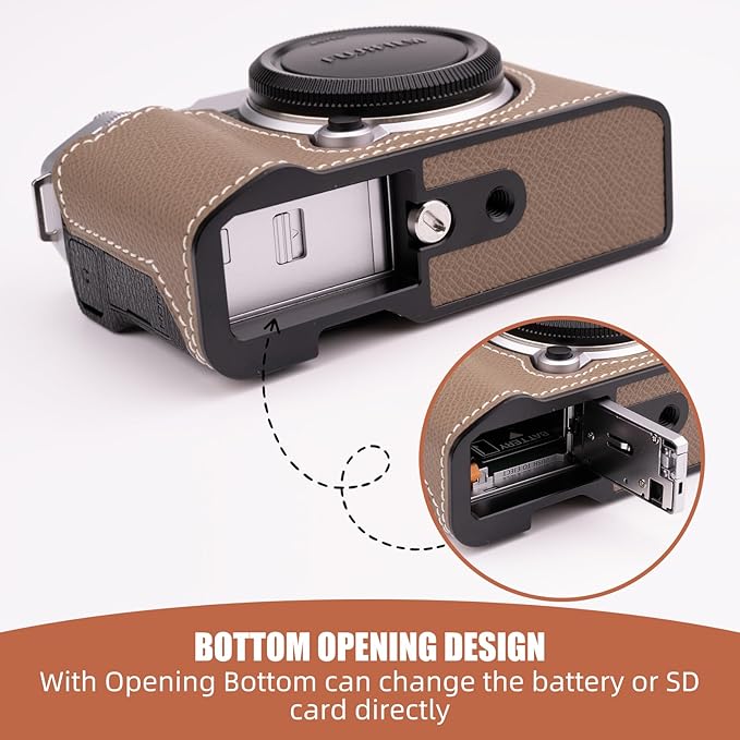 Uchandmade Handmade Genuine Leather Camera Half Case for Fujifilm X-M5/Fujifilm X-M5 Camera Case/Fujifilm X-M5 Case - Top Layer Cowhide Body + Metal Base Plate (Etoupe Gray)