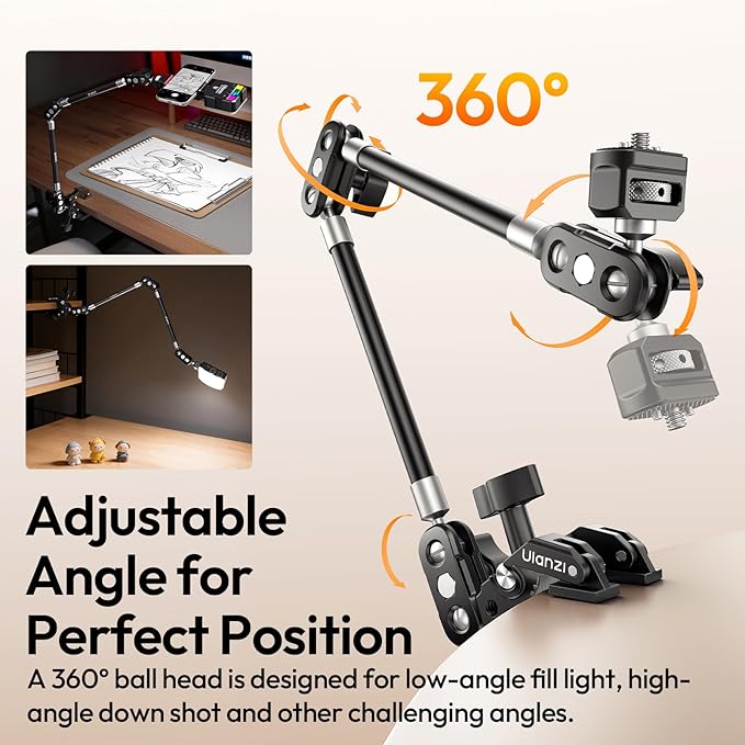 ULANZI CO78 Super Clamp Kit + 2-Section Magic Arm Mount – 1/4" & ARRI Locating Pins + Cold Shoe Mount, 360° Ball Head Designed for Low & High Angle Shot, for Phone & Action Camera, Video Light