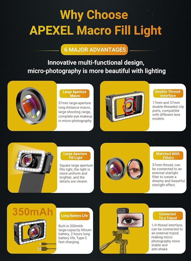 APEXEL 15X Macro Lens for iPhone with LED Fill Light, Samsung, Android Phone, with Universal Lens Clip Attachment (Fits for Almost Smartphone)