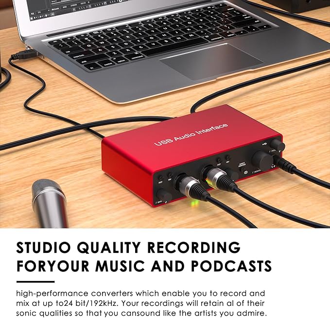 USB Audio Interface, 24Bit/192kHz Studio Recording, 48V Phantom Power, Zero-Latency Monitoring – Compatible with Mac/PC, DAWs, Ideal for Music Production, Podcasting & Voice Over