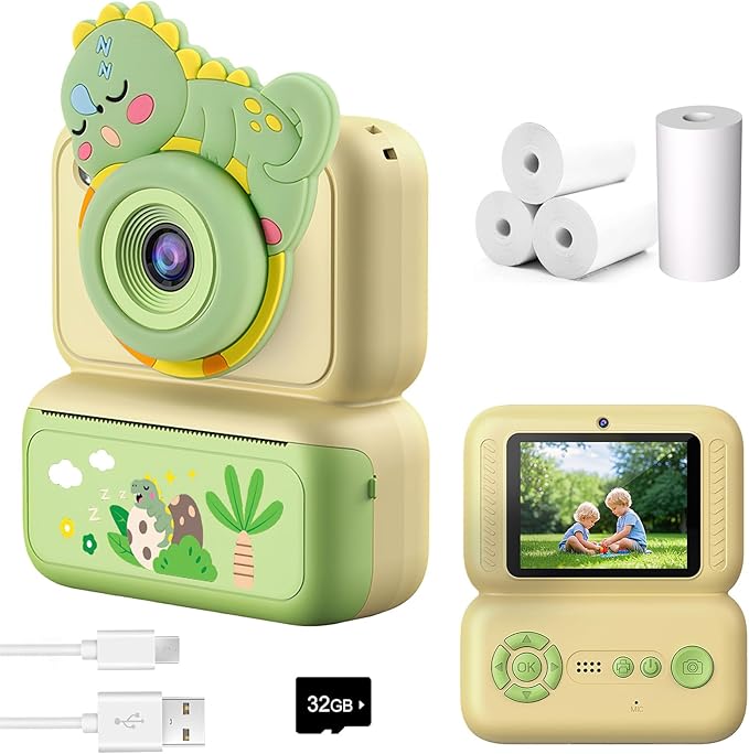 Kids Camera Instant Print, Instant Camera with 4 Roller Photo Paper & 32GB Card, 1080P Dual-Lens Digital Camera for Kids, Boys and Girls Toys Gifts for Teenage Girls Kids Toys for Ages 8-13 (Beige)