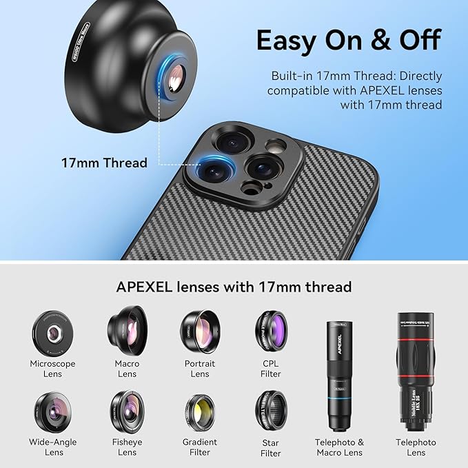 APEXEL 17mm Thread Lens Phone Case Compatible for iPhone 16 Pro Max, Compatible with All Telephoto & Macro Lenses, Durable Protective Cover Black