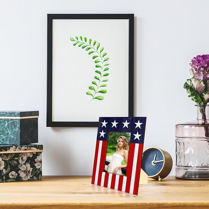 ABOOFAN American Flag Picture Frame, Independence Day Wooden Photo Frame, Desktop Picture Display Stand, 4th of July, Christmas Patriotic Decoration (6x8'', no Glass)