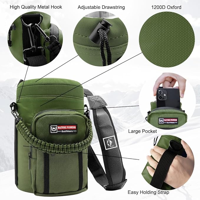 NATURE PIONEOR Water Bottle Holder with Adjustable Strap - Half/One Gallon (64/128oz) Insulated Water Bottle Sling Carrier with Phone Pocket & Paracord Handle, Outdoor Camping, Hiking, Gym
