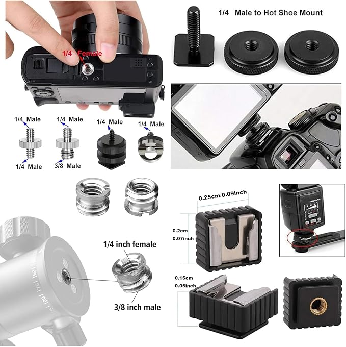 30Pack Camera Tripod Screw Mount Kit 1/4 to 3/8 Inch Threaded Converter Adapter 1/4 Swivel Ball Head and Hot Shoe E Clip for DSLR/Monopod/Flash Light/Quick Release Plate