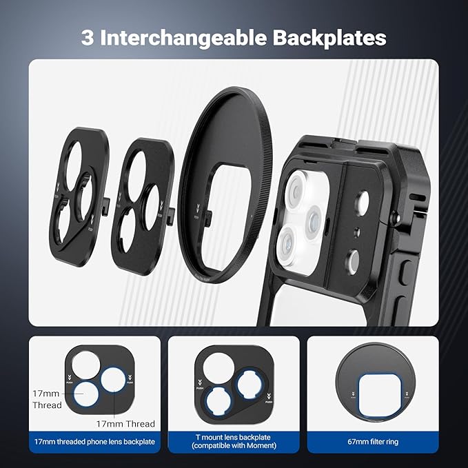 NEEWER Phone Cage Kit Compatible with iPhone 17 Pro Max Only, Video Rig Stabilizer Accessories with 67mm Filter Ring, 17mm & T Mount Lens Backplates, Quick Release Bluetooth Handle, PA144 (Black)