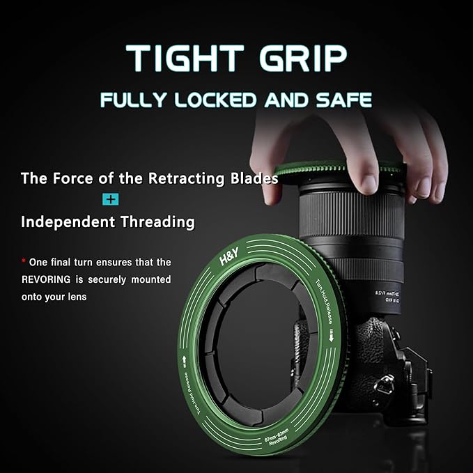 H&Y RevoRing Adjustable Step Up Ring 67-82mm to 82mm, Variable Lens Filter Adapter Ring, Universal Stepping System fits 67 72 77 82mm, Vintage Green