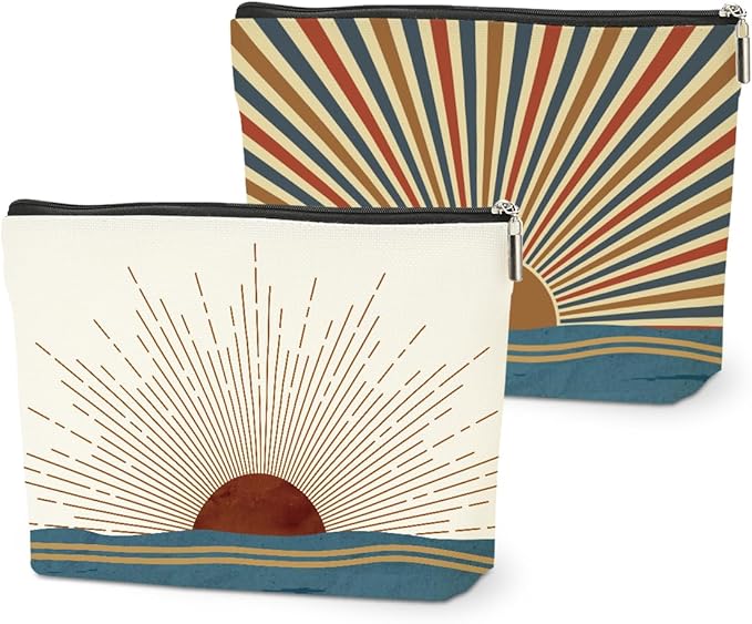 2PCS Boho Makeup Bag, Boho Gifts for Women, Sunlight Rays Natural Linen Zipper Pouch Best Gifts for Girls Sister Travel Sunshine Cosmetic Bag