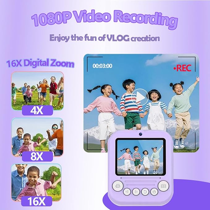 Dual-Lens Instant Print Camera for Kids, 48MP Thermal Instant Printing Camera with 2.4 Inch IPS Screen for Toddler, Boys Girls Christmas Birthday Gifts Photo Printer with 64GB SD Card (Purple)