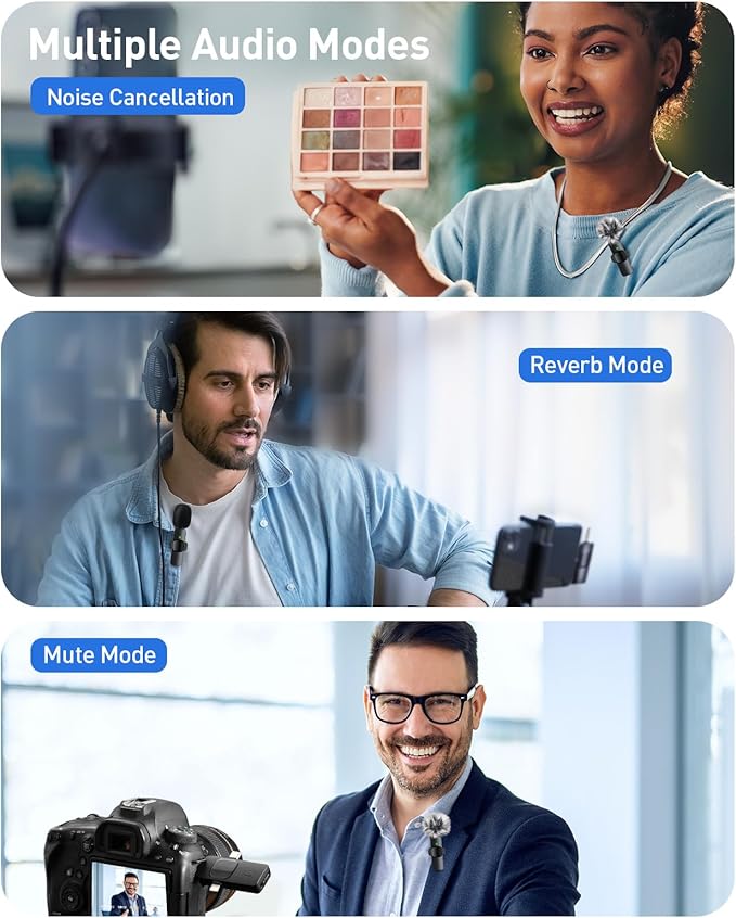 3-in-1 Mini Microphone for iPhone: Wireless Lavalier Microphone with 80ft Range & 15H Battery - Noise Reduction Lapel Mic, Real-Time Monitoring for Video Recording, Vlog, YouTube