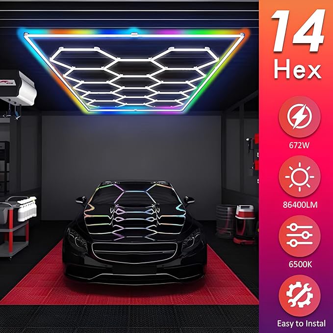 Hexagon Garage Lights RGB Frame, Hexagon LED Light Garages High Bright 6500K 672W 86400LM, Easy Install 14 Grid Honeycomb Hexagon Ceiling Lights for Garage, Shop, Car Detailing Shop