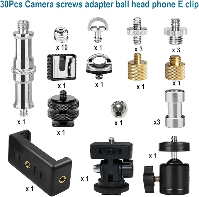 30Pack Camera Tripod Screw Mount Kit 1/4 to 3/8 Inch Threaded Converter Adapter 1/4 Swivel Ball Head and Hot Shoe E Clip for DSLR/Monopod/Flash Light/Quick Release Plate