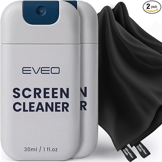EVEO Computer Screen Cleaner Spray Kit- Portable Laptop Screen Cleaner, Phone Cleaner & Monitor Cleaner + Microfiber Cloth - Car Screen Cleaner for MacBook, iPad and More Electronic Devices - (2 Pack)