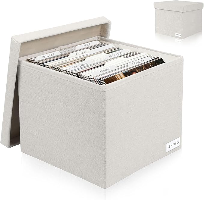 Himake Decorative Photo Storage Box - Linen Photo Box Organizers with Dividers, Fits Holds Up to 800 Photos in 8x10 inch Size, Portable Scrapbook Storage Containers with Lid (Beige)