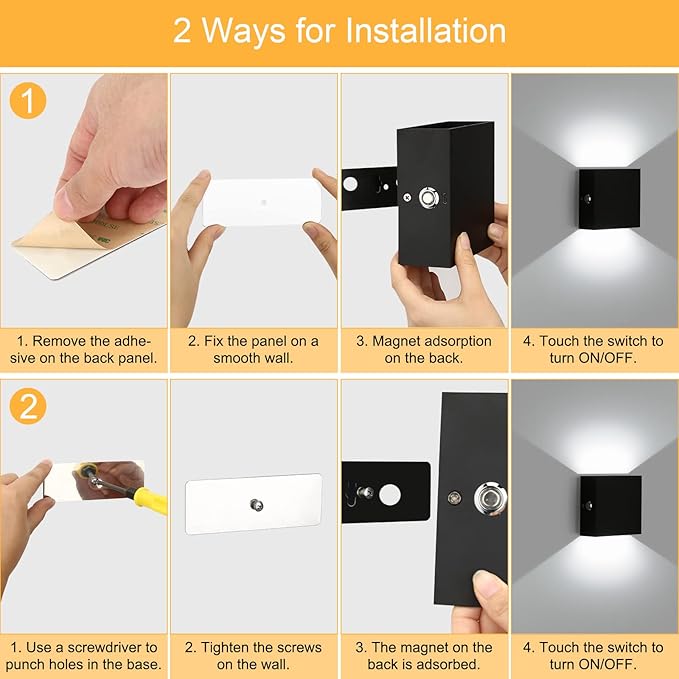 Indoor Wall Sconces Battery Operated Set of 2, Rechargeable Wall Lights Black Touch Control, Modern Up Down Wall Mount Light for Hallway, Cool White, LG9939112