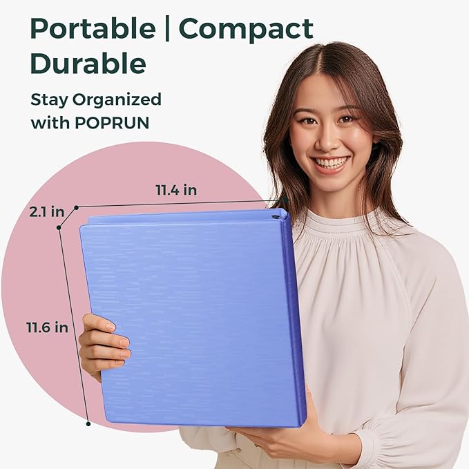 POPRUN 3 Ring Binder 1.5 Inch, PVC-Free, Holds 325 Sheets of 8.5 x 11 Paper, Extra Durable Organizer with 2 Pockets for School & Office, Heavy-Duty, 4 Pack, Prussian Blue