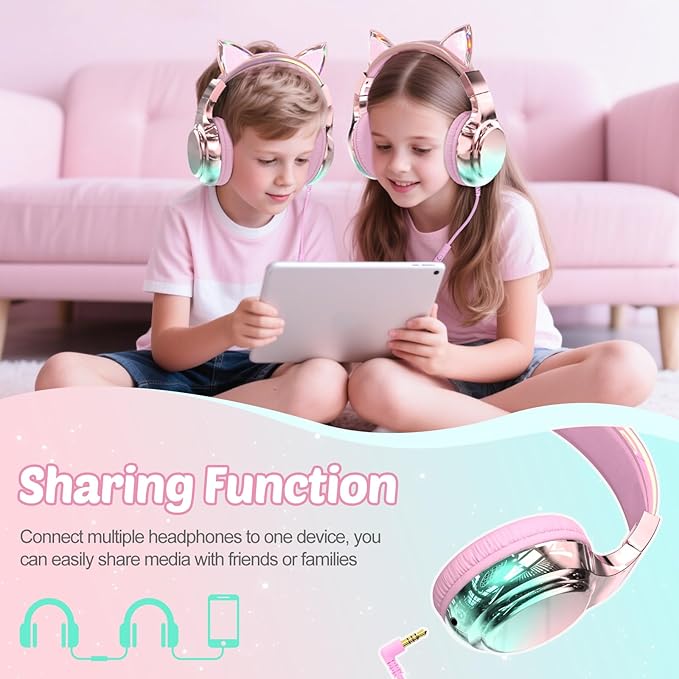 QearFun Kids Cat Ear Headphones with USB C for Girls with Microphone, 85/94dB Safe Volume Limiter, Tangle-Free Cord, Share Port, Foldable Sparkly Wired Headset for School, Travel, Tablet, iPad