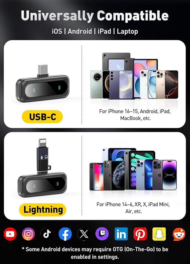 Wireless Microphone for iPhone, iPad, Android, Mini Microphones with LED Indicator & Noise Reduction, Magnetic Clip on Lavalier Microphone for Interview Video Recording Podcast YouTube Tiktok Vlogging