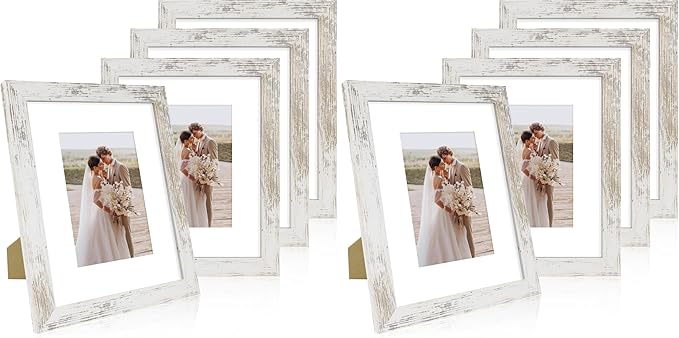 8x10 Picture Frame Set of 4, Made of Real Glass and Distressed White Wooden Frame, 8 by 10 Photo for Wall or Tabletop - Display Picture 5x7 with Mat or 8x10 Without Mat (Pack of 2)