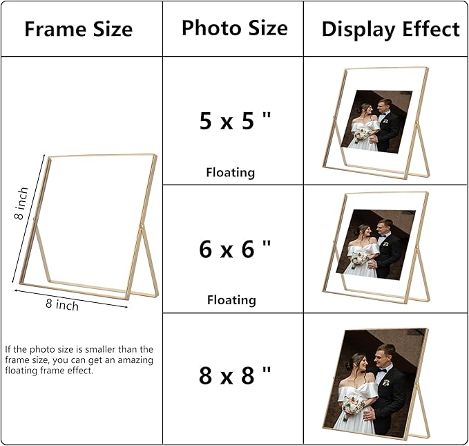 Gold 5x5'' Floating Frame Set of 2,For Photo Sizes(4x4'' or 3x3''),Beautiful Metal Beaded Frames Adjustable Tabletop/Shelf Photo Frame,Classy Gift Choice for Wedding,Birthday or Christmas Gift