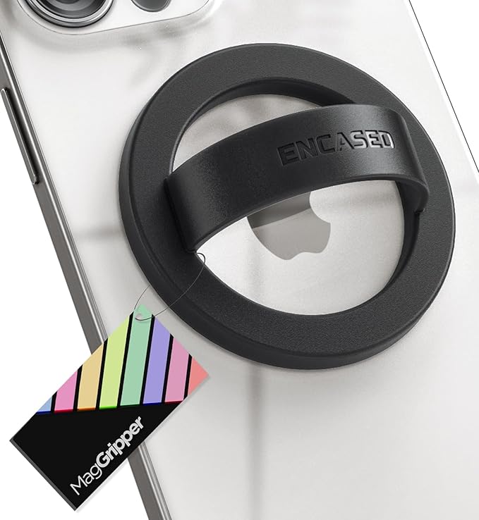Encased Magnetic Phone Grip Holder (Compatible with MagSafe) Thin Silicone Finger Loop Ring for iPhone (Black)